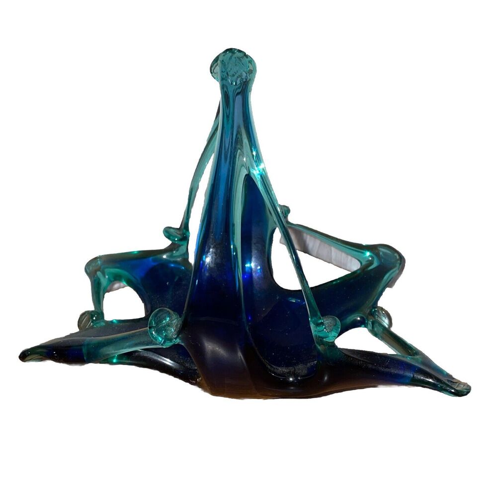 Vintage Murano Stretch Art Glass Basket Aqua Green Cobalt 8 Inch W X 7 Inch Tall